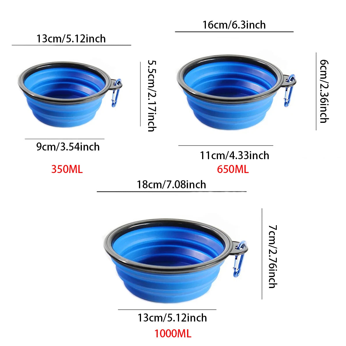 Diagrama do fornecedor das tigelas abertas: 350 ml tem 13 cm de diâmetro e 5,5 cm de altura; 650 ml tem 16 por 6 cm; 1.000 ml tem 18 por 7 cm.