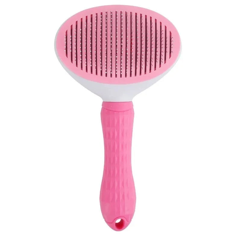 Uma escova oval de pelagem rosa e branca, com cabo rosa texturizado.