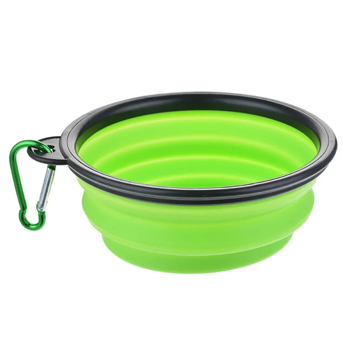 Tigela de viagem verde-clara com presilha, mostrada aberta. Fornecida uma tigela.