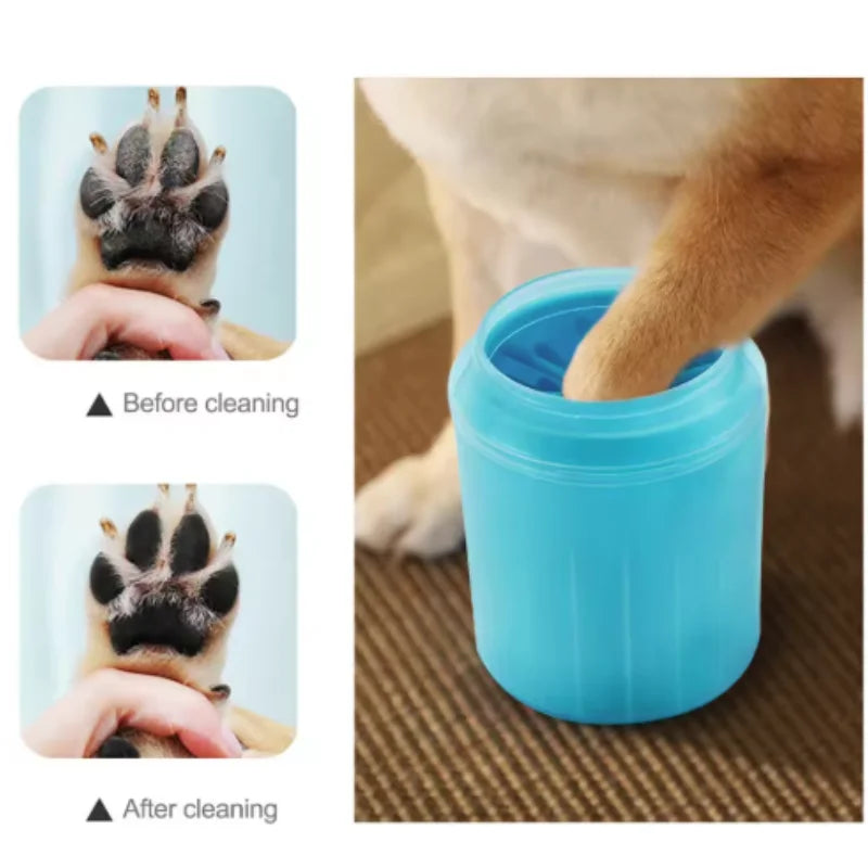 Ilustração do fornecedor de uma pata de cão em um copo azul, com fotos da pata antes e depois.