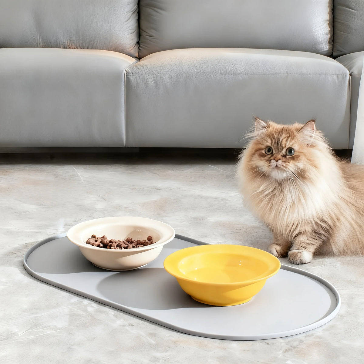 Um gato ao lado de duas tigelas sobre um tapete oval cinza. Tigelas e alimento não incluídos; selecione uma cor disponível do tapete.