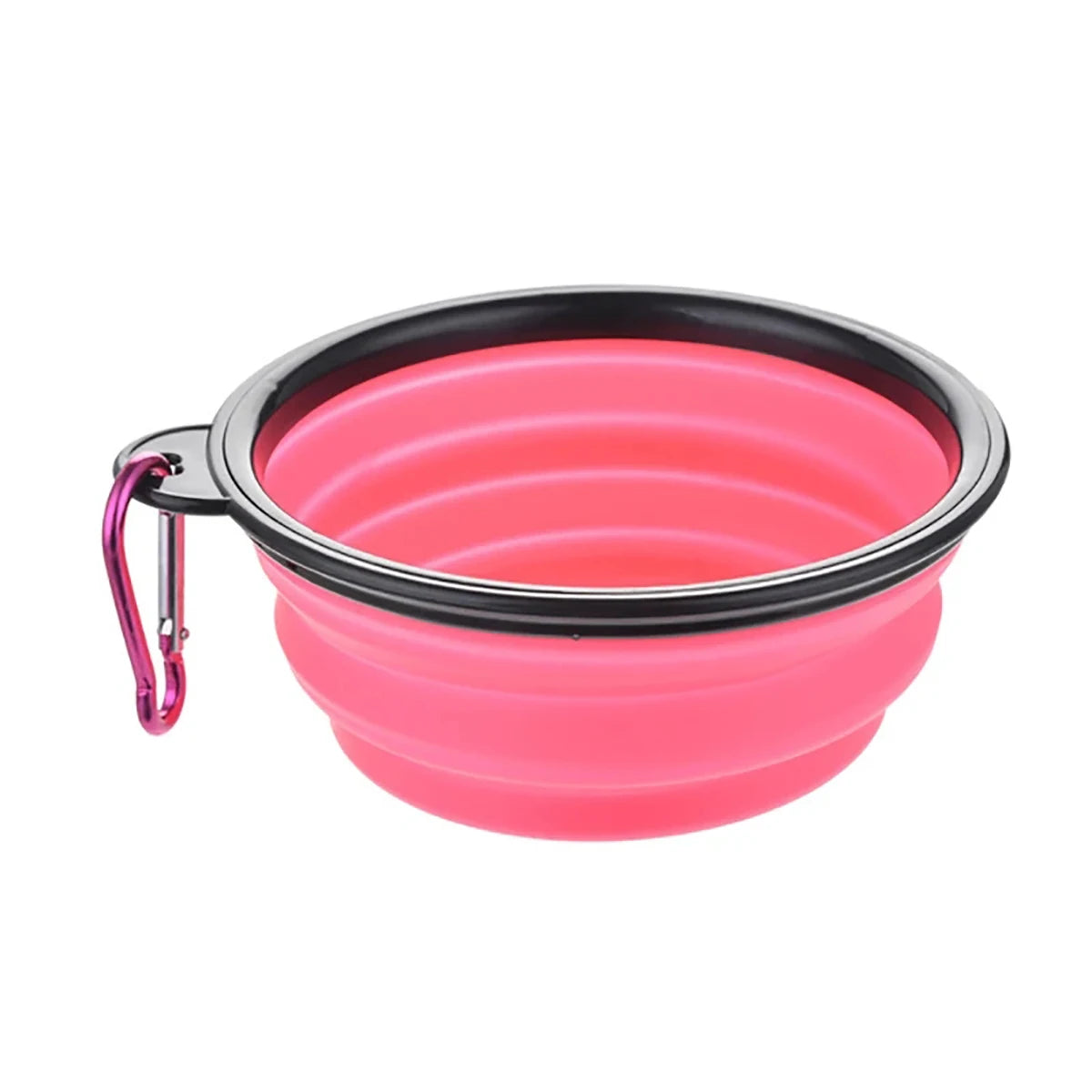 Tigela de viagem rosa com presilha, mostrada aberta. Fornecida uma tigela.