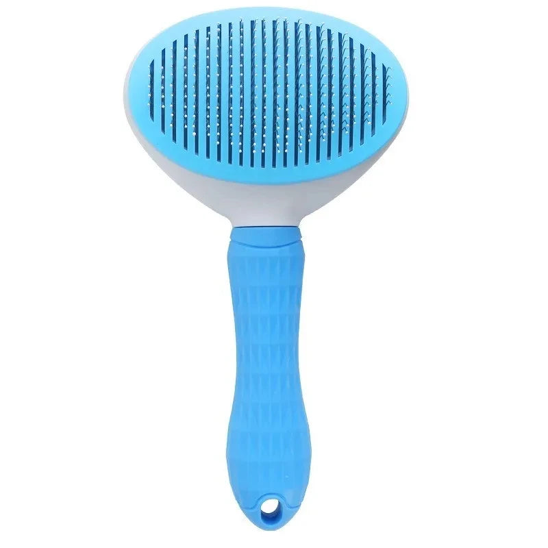 Uma escova oval de pelagem azul e branca, com cabo azul texturizado.