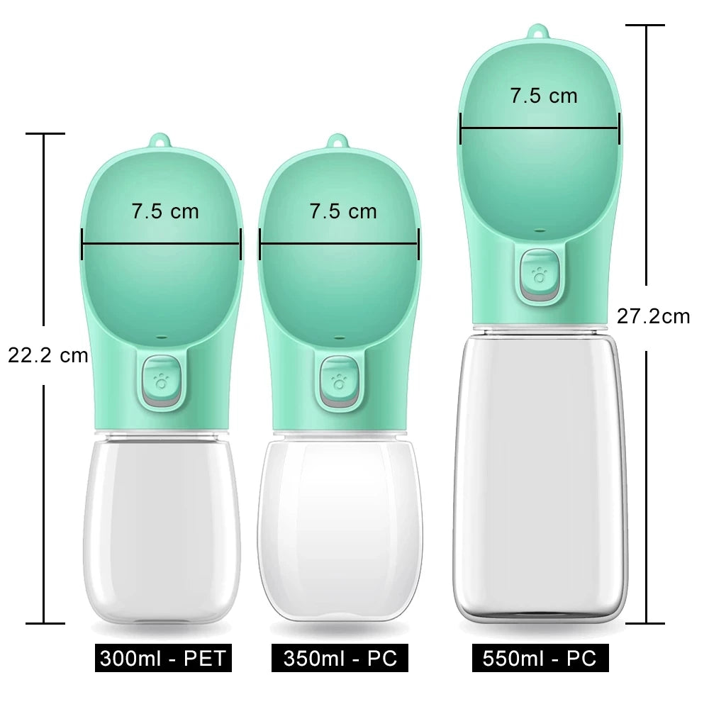 Diagrama do fornecedor de garrafas para pets identificadas como PET de 300 ml, PC de 350 ml e PC de 550 ml: largura de 7,5 cm; as de 300/350 ml têm 22,2 cm de altura e a de 550 ml tem 27,2 cm.