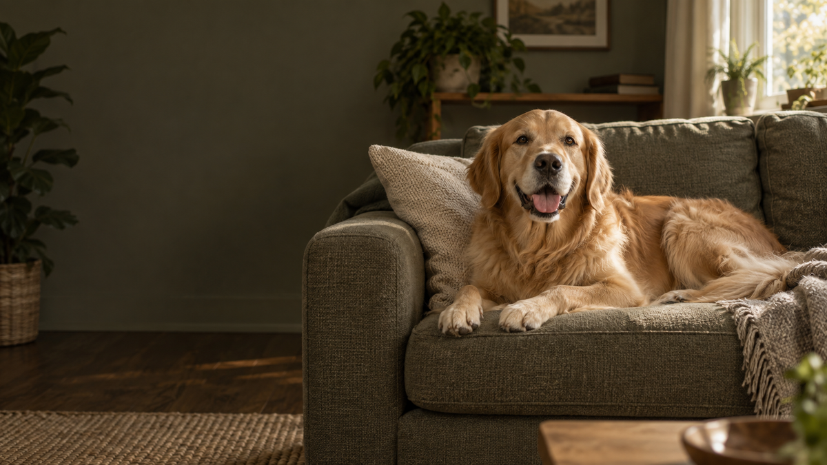 Cena ilustrativa de uma casa com um golden retriever descansando em um sofá verde-oliva. Não é uma fotografia de uma amostra do produto.